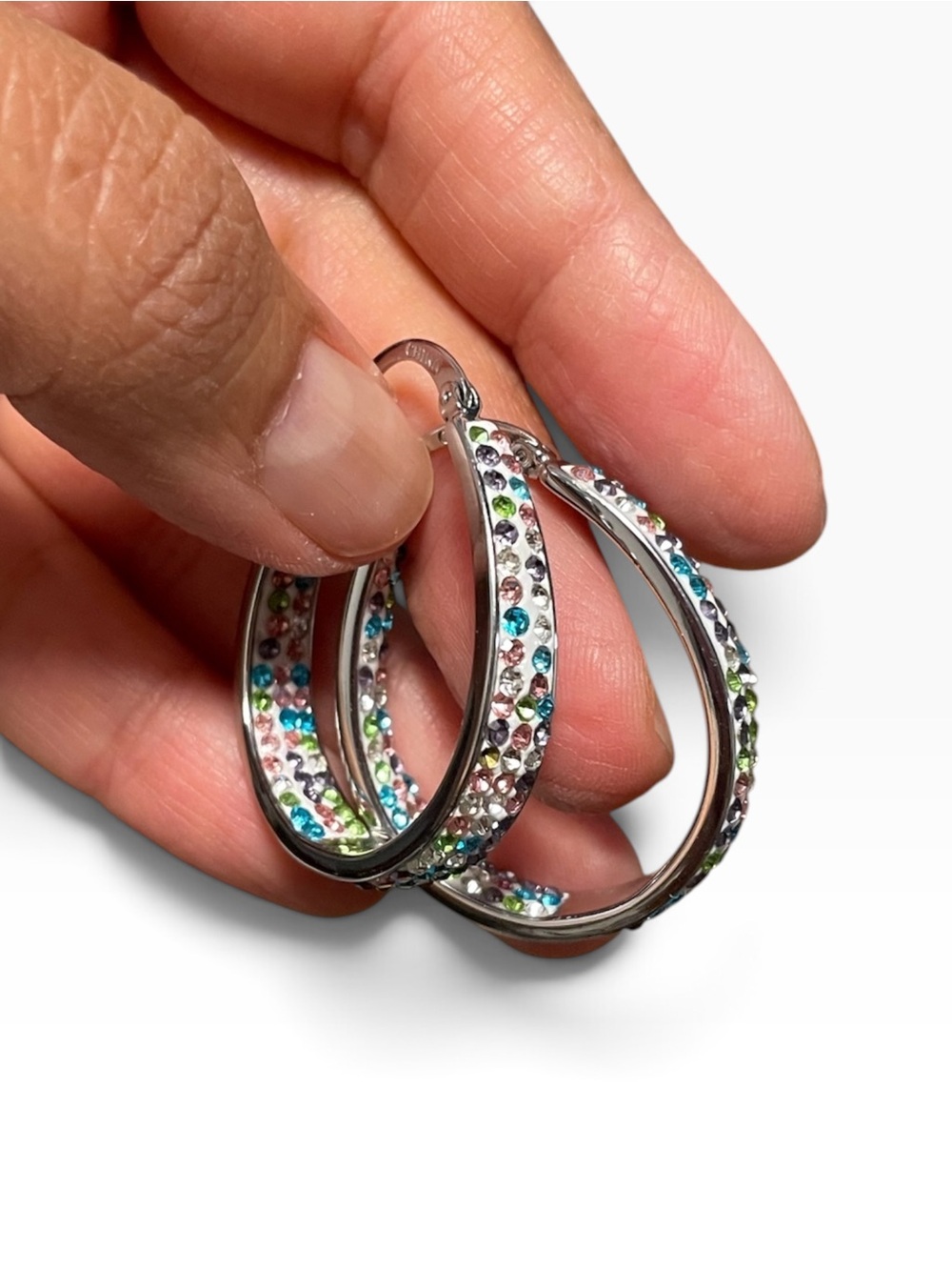 Silver Multicolor Crystal Hoop Earrings - Women's Fashion Jewelry